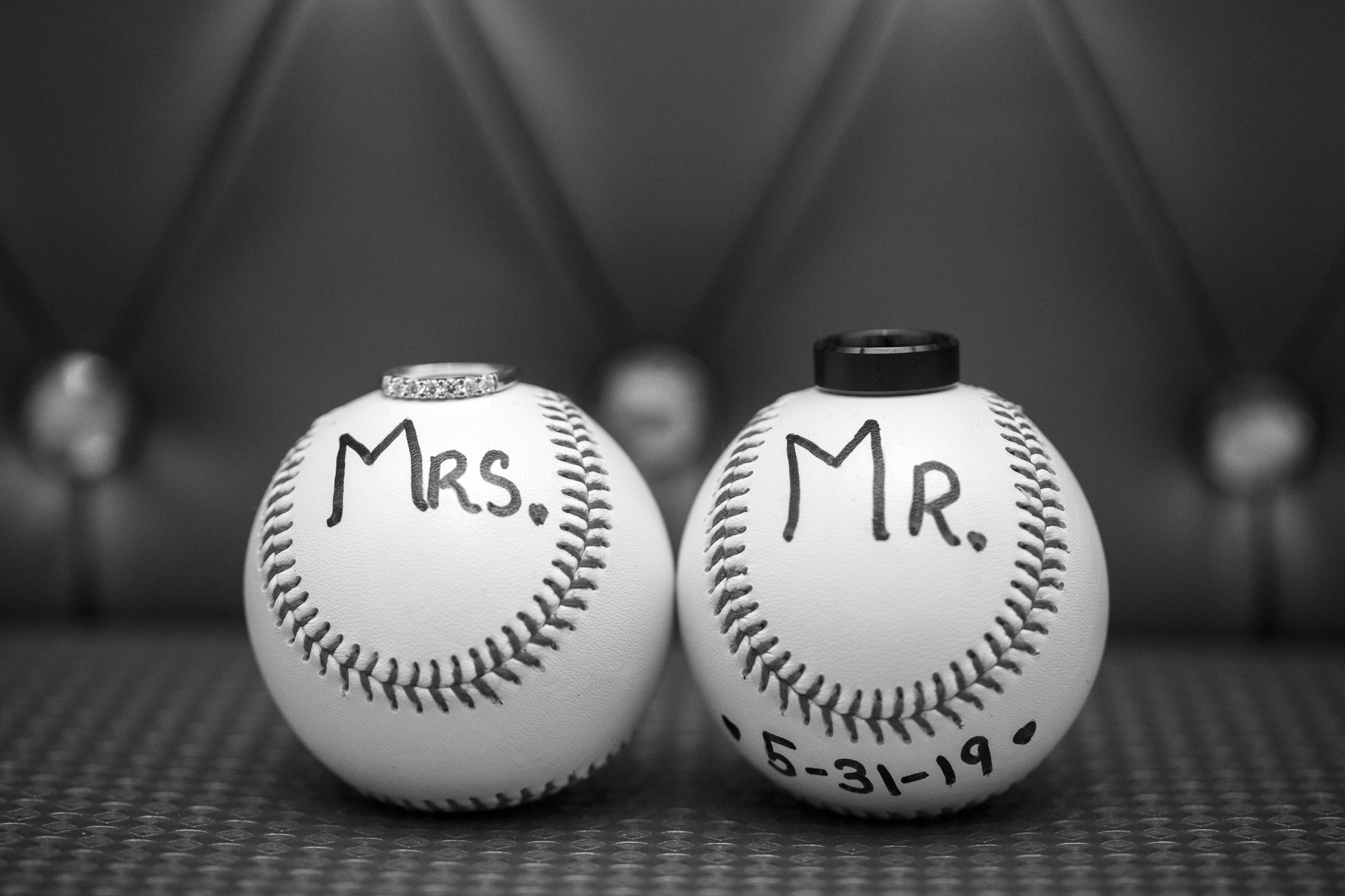 Baseball themed wedding photo at Kloc's Grove in Buffalo NY by Empire West Photo.