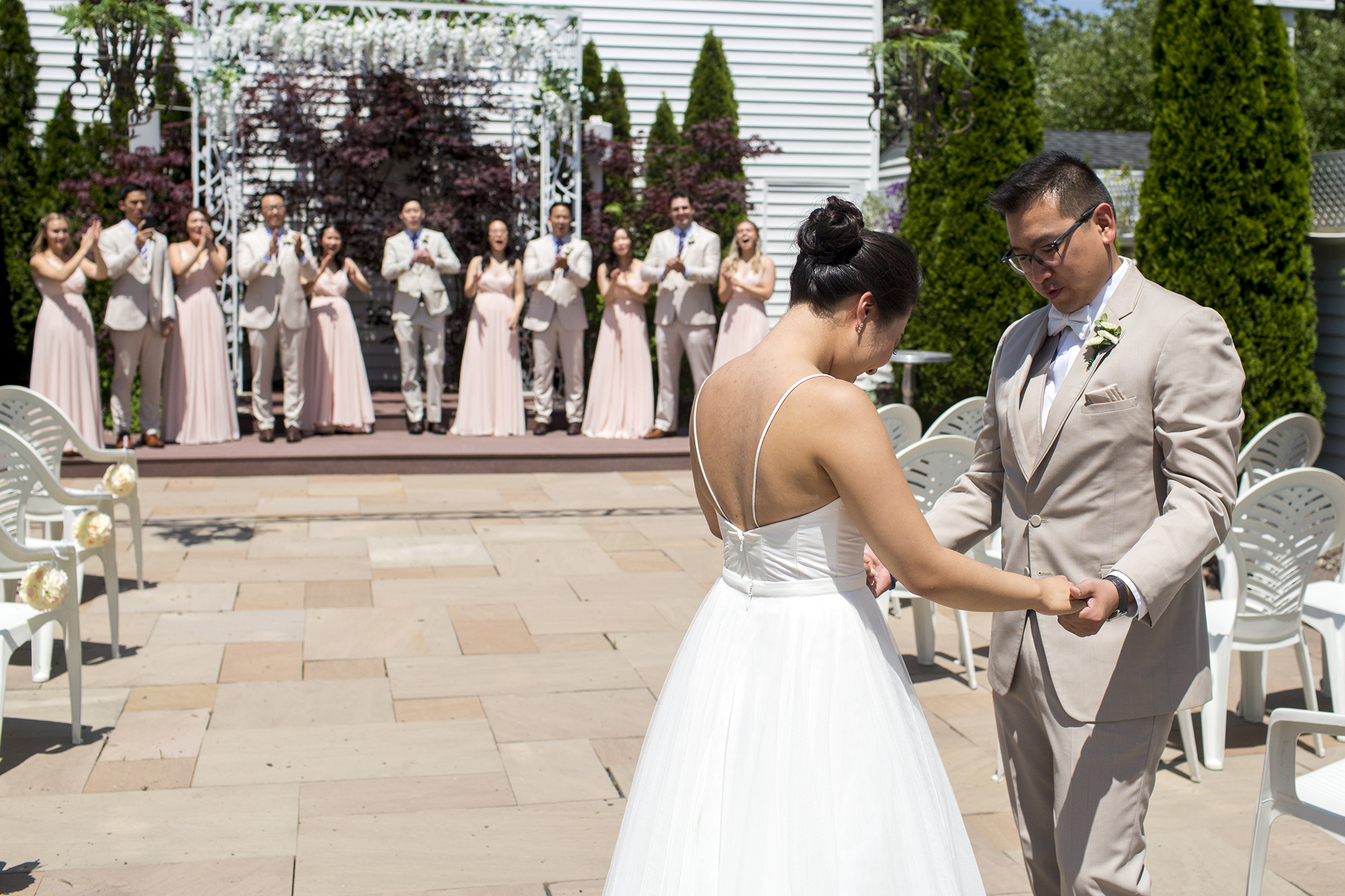 Bride and grooms first look at marygold manor in Buffalo.